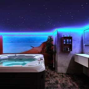 Modernes Wellnessbad mit Whirlpool, LED-Beleuchtung und maritimem Wandbild für Entspannung.