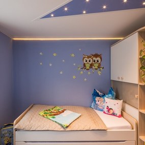 Modern eingerichtetes Kinderzimmer mit Eulen-Wanddeko, Bett und Spielzeug im Regal.