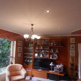 Gemütliches Wohnzimmer mit Bücherregal, Fernseher, Kamin und Blick in den Garten.